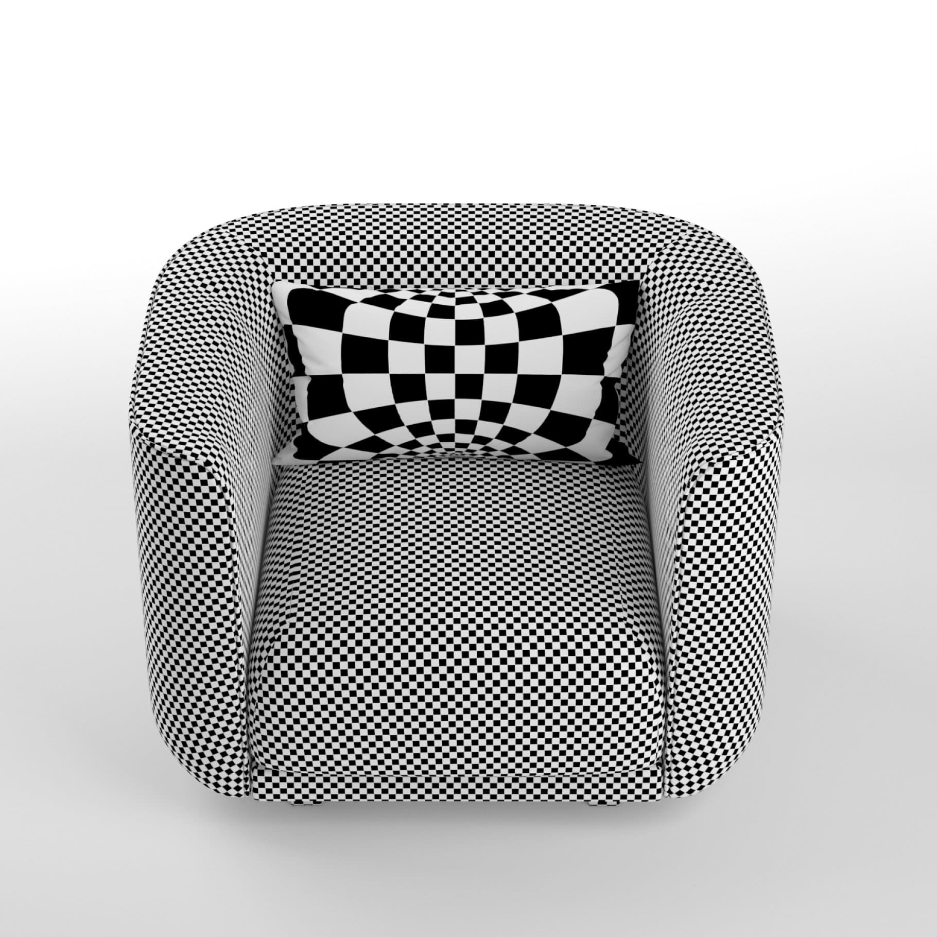 Fat Tulip Arm Chair model with rectangular cushion with checkerboard upholstery.