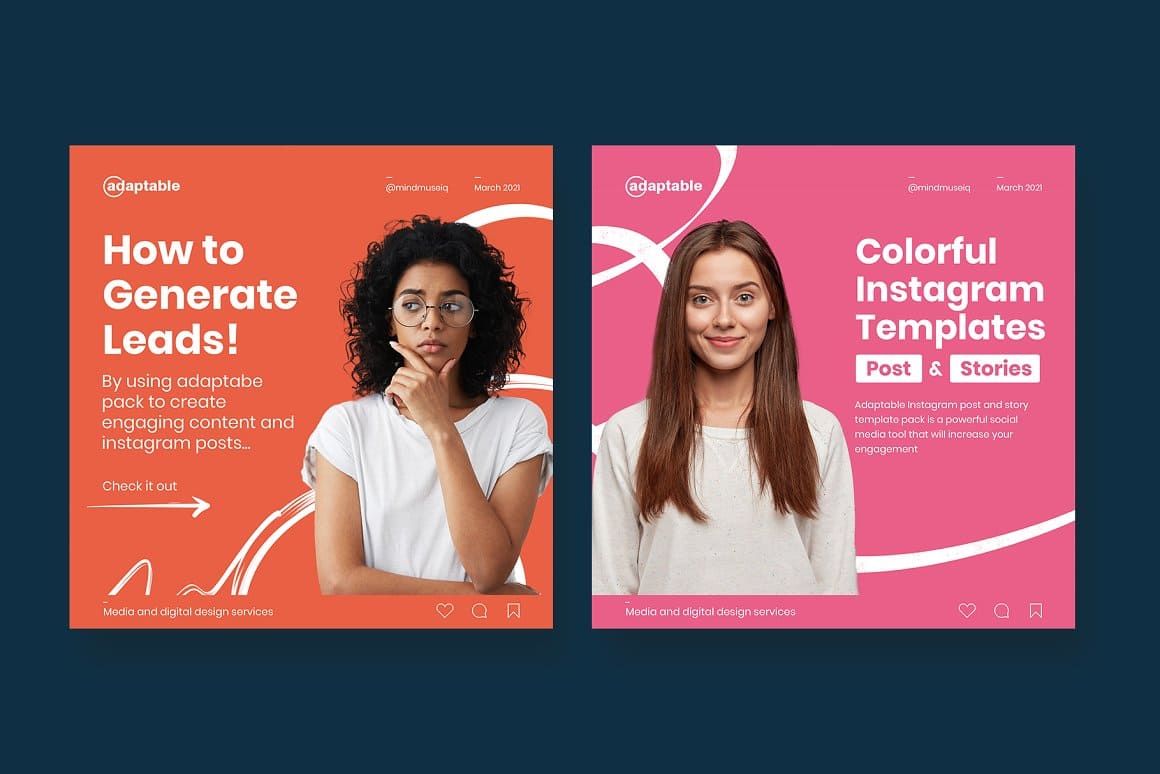 Two orange and pink square pictures: "How to generate leads", "Colorful Instagram templates".