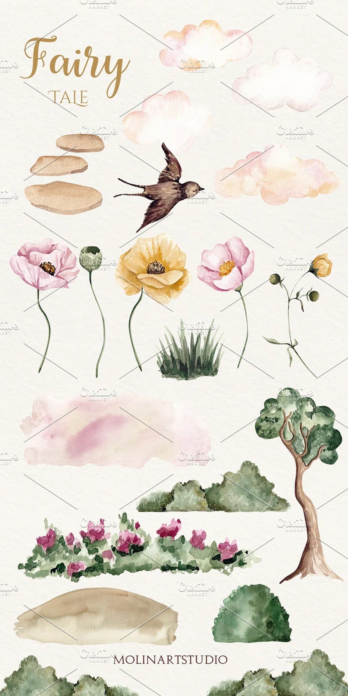 Watercolor image of flowers, trees, birds.