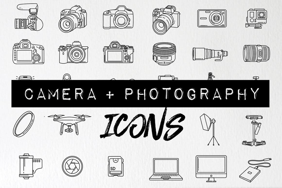 Camera and photography icons on the white background.