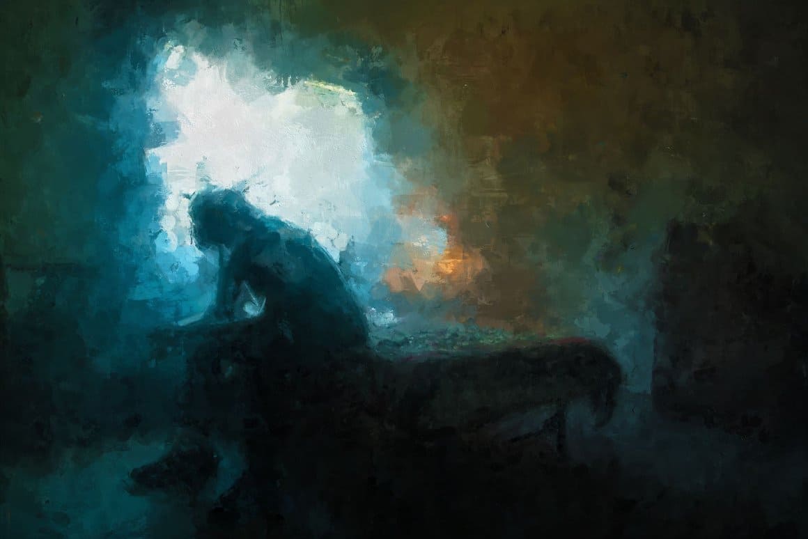 Silhouette image of a man sitting on the edge of a bed with Painted Photoshop Effect.