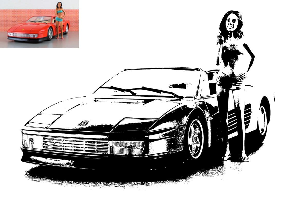Drawing of a model girl near a fashionable car in black and white colors.