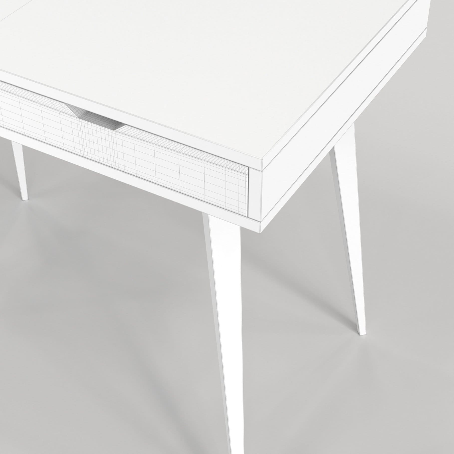 Photo of a corner of a white wooden Scandinavian desk with shelves model 04.