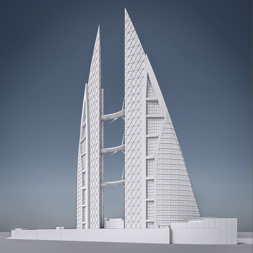 White 3D model of Bahrain World Trade Center on a blue background.