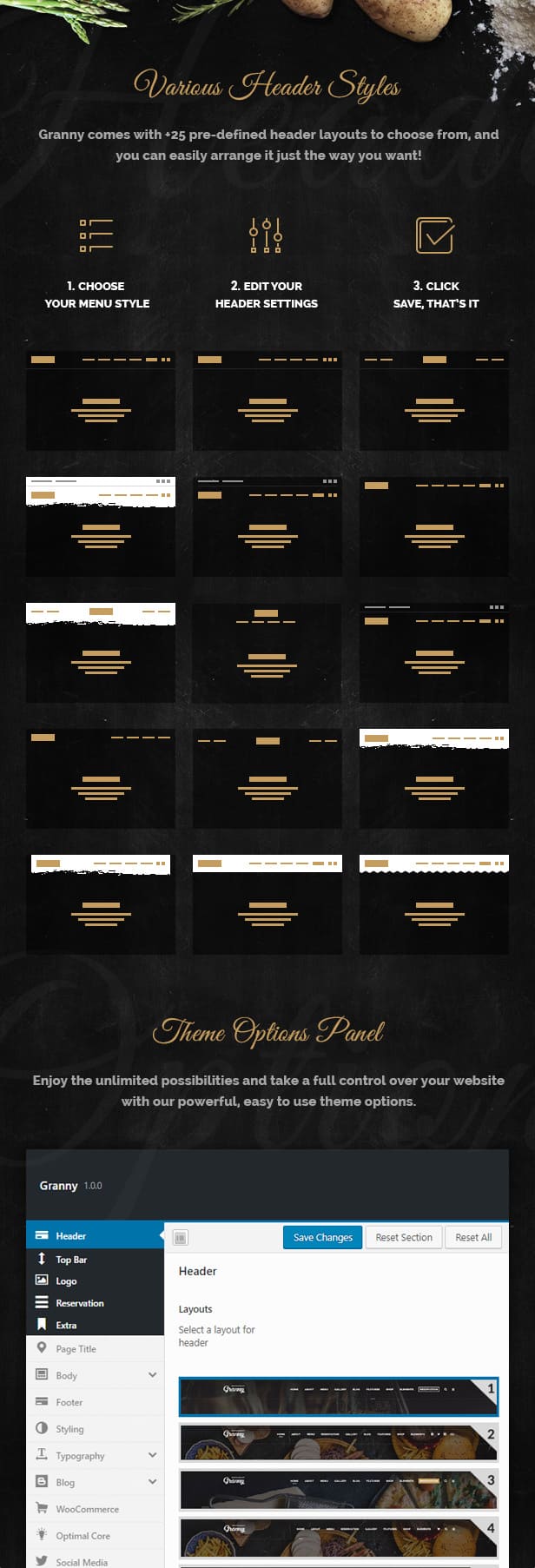 Various header styles of the Granny - Elegant Restaurant & Cafe WordPress Theme.