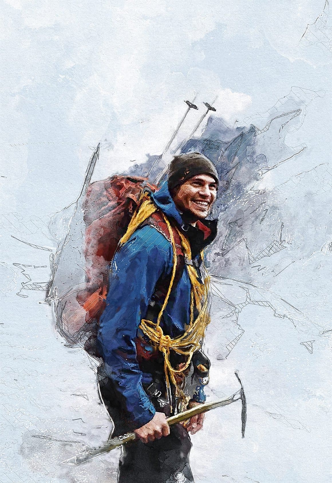 Watercolor image of a climber with a backpack on his shoulders.