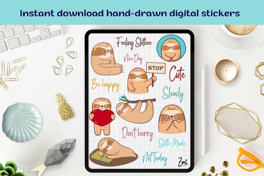 Cute Sloth Digital Stickers Pack | 15 PNG And GoodNotes File ...