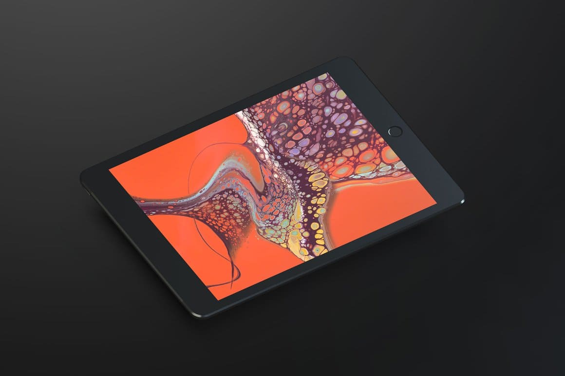 Orange-purple texture on a tablet using Viscosity fluid acrylic paint textures.