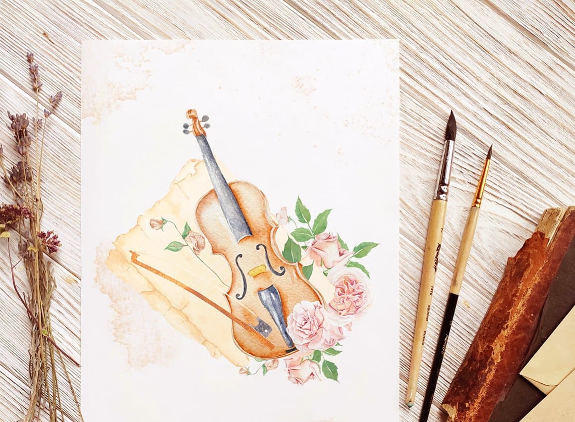 Parchment, cello and rose flowers are drawn on a white sheet of paper.