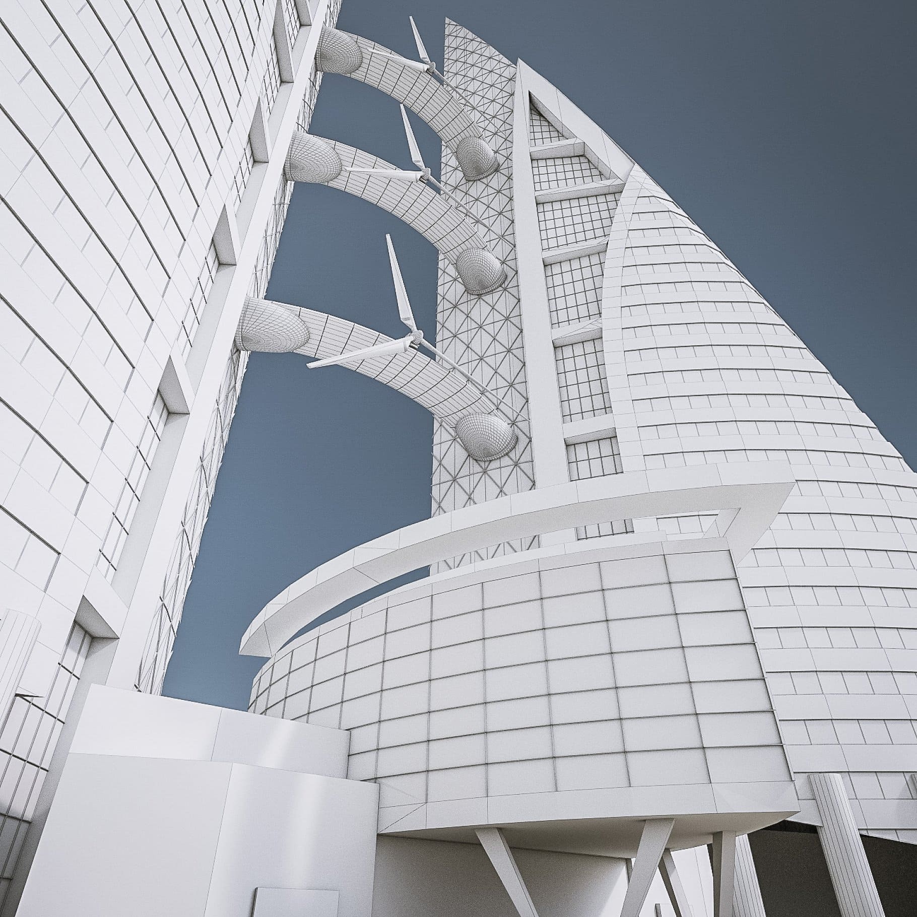A close-up of the 3D model of the Bahrain World Trade Center.