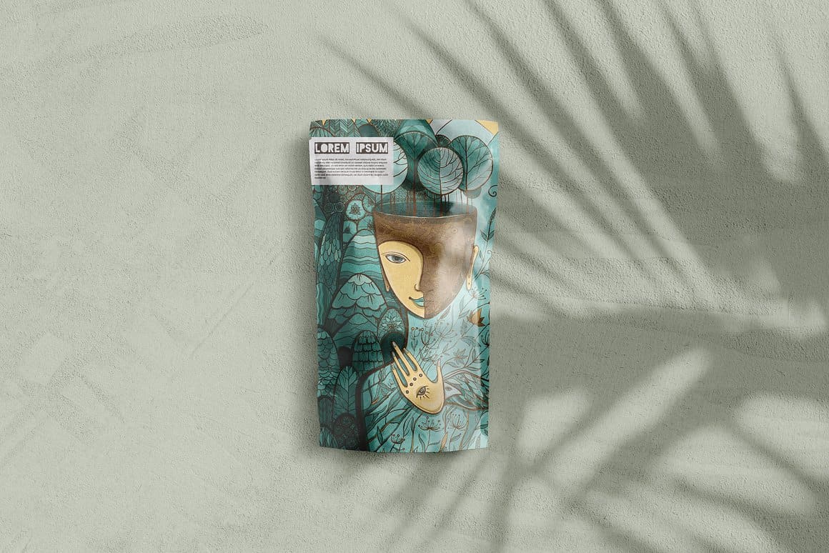 The cardboard package depicts mother nature in gray and blue colors.