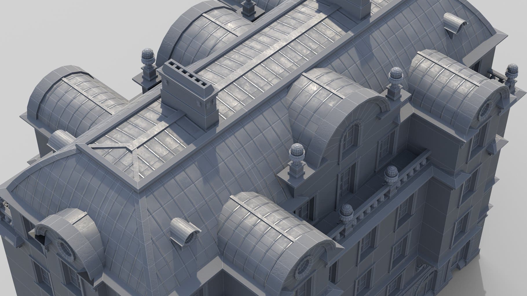 Top view of a gray neoclassical hotel.