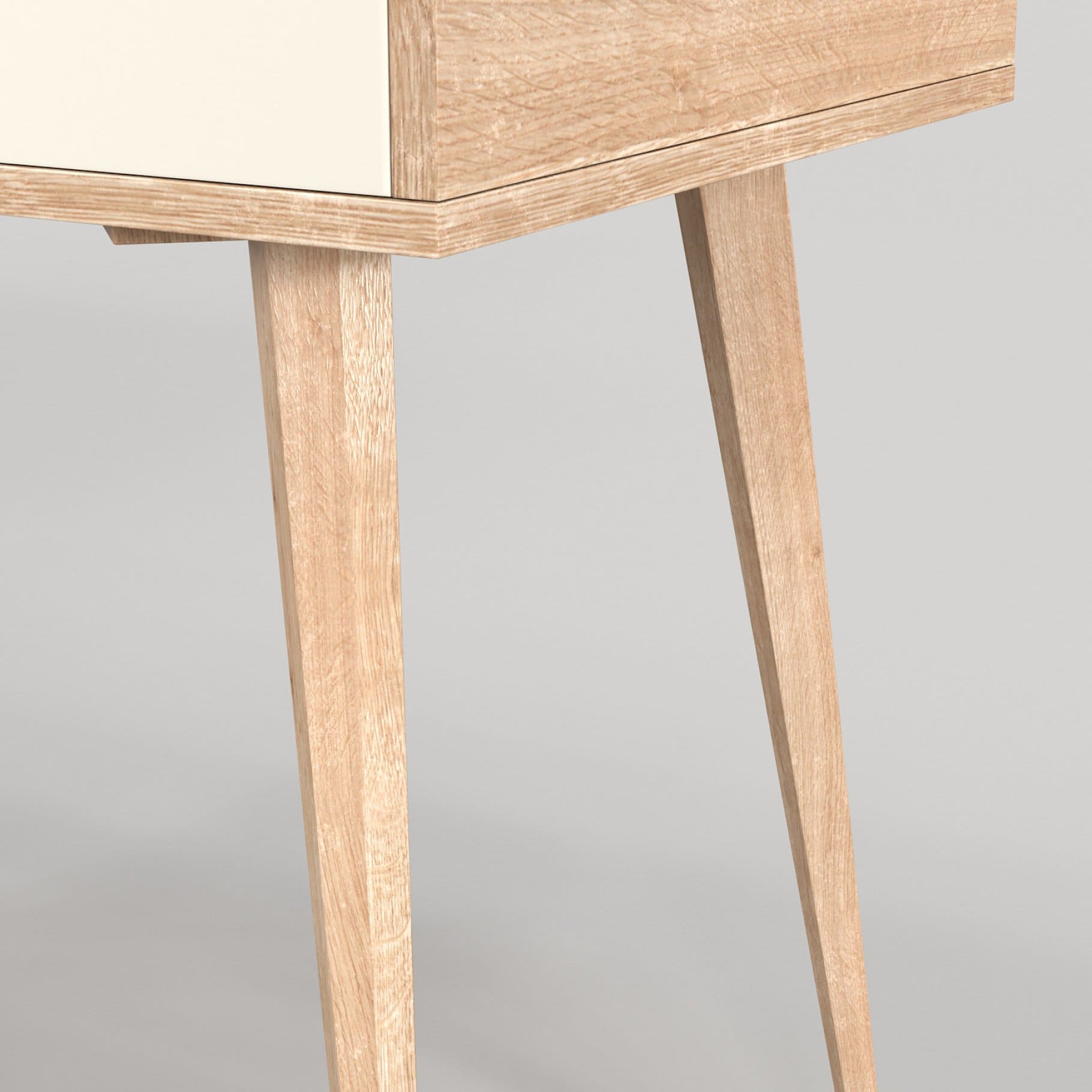 Photo of the lower corner of the brown wooden Scandinavian desk with shelves model 04.