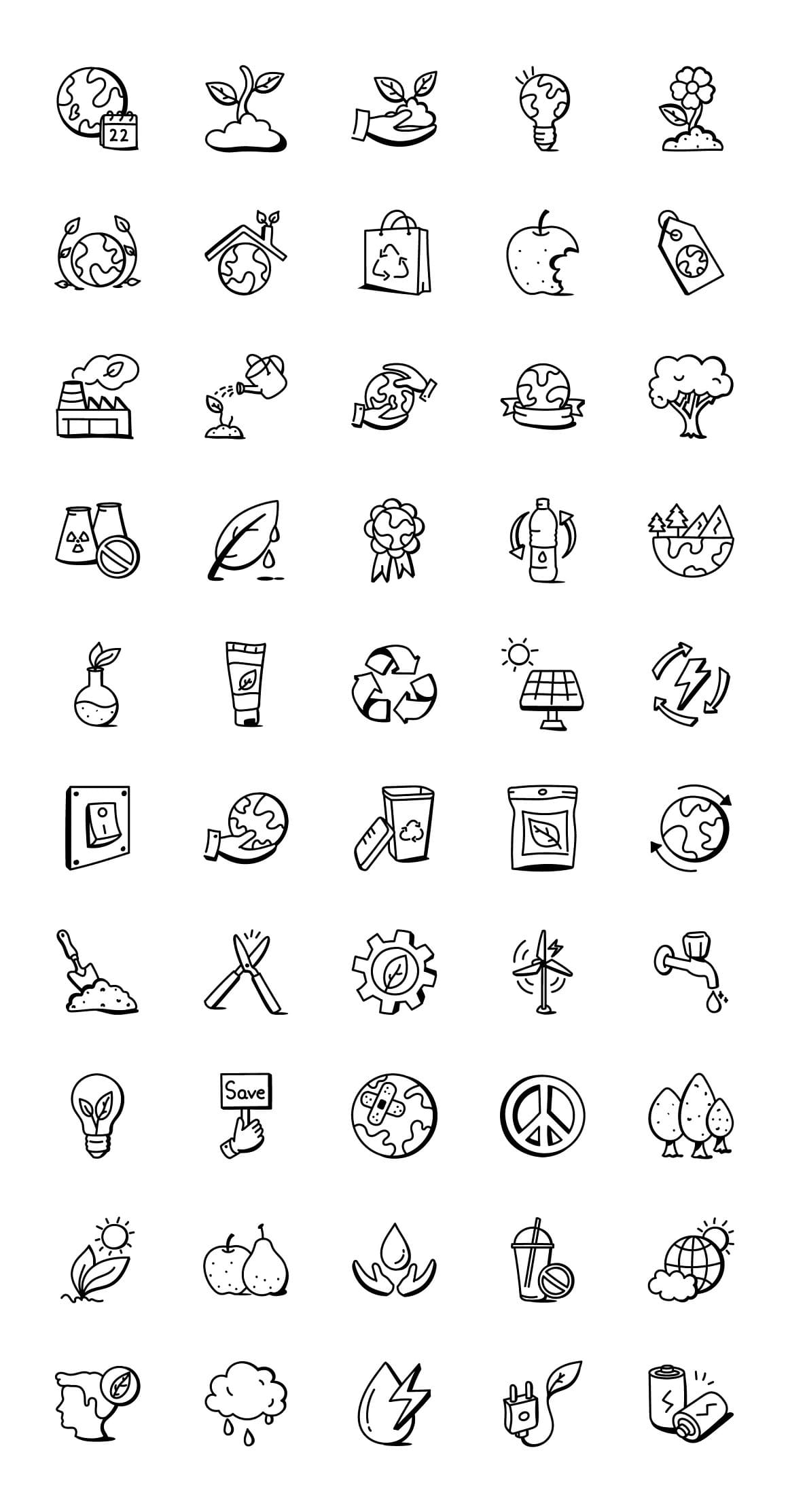 Black icons depicting care for the environment on a white background.