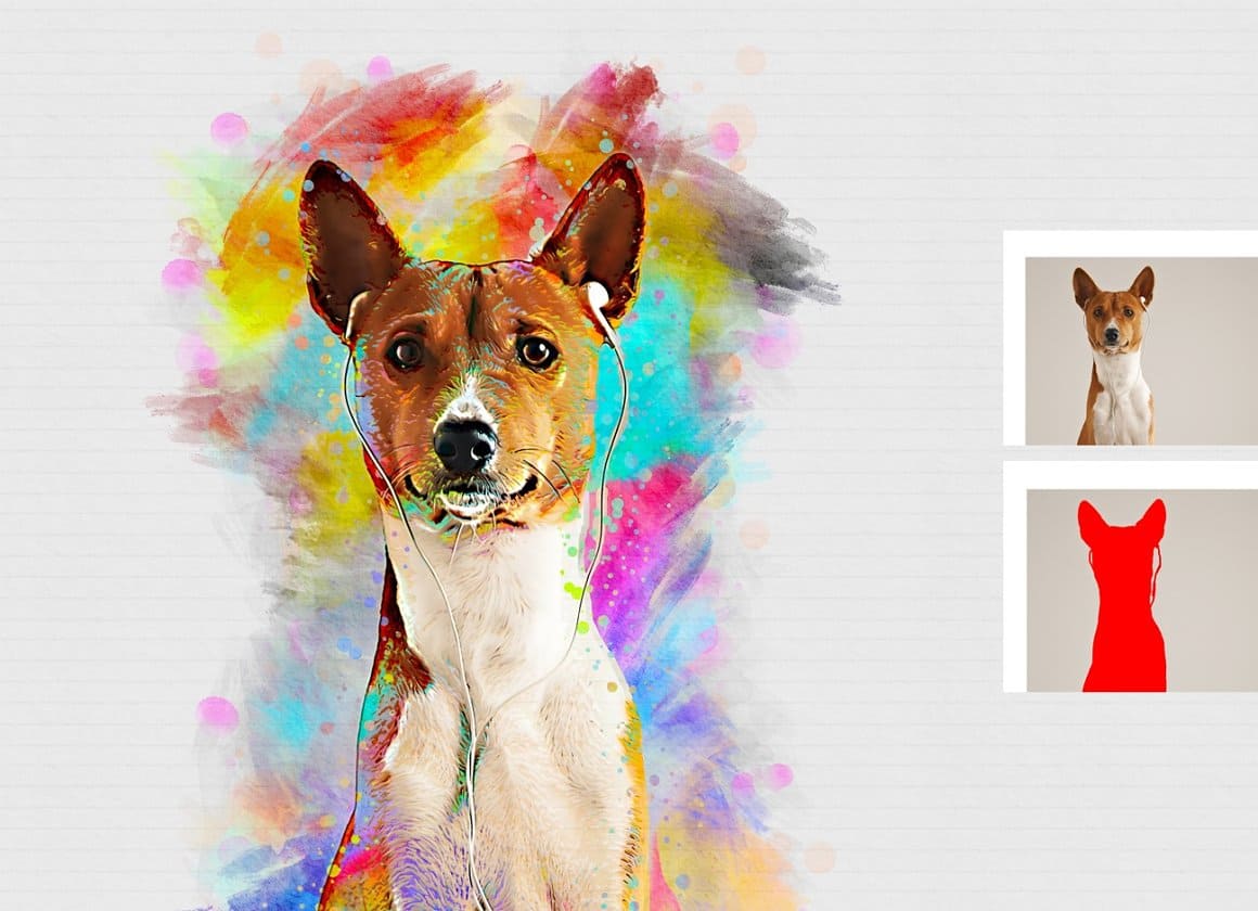Image of a dog wearing headphones designed by Pet Watercolor Art Plugin.
