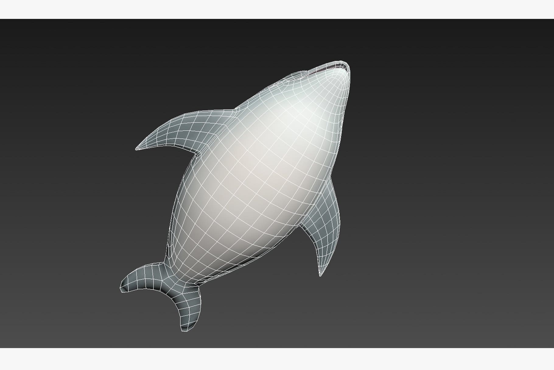 Mesh graphic model of a dolphin with its belly facing the camera.