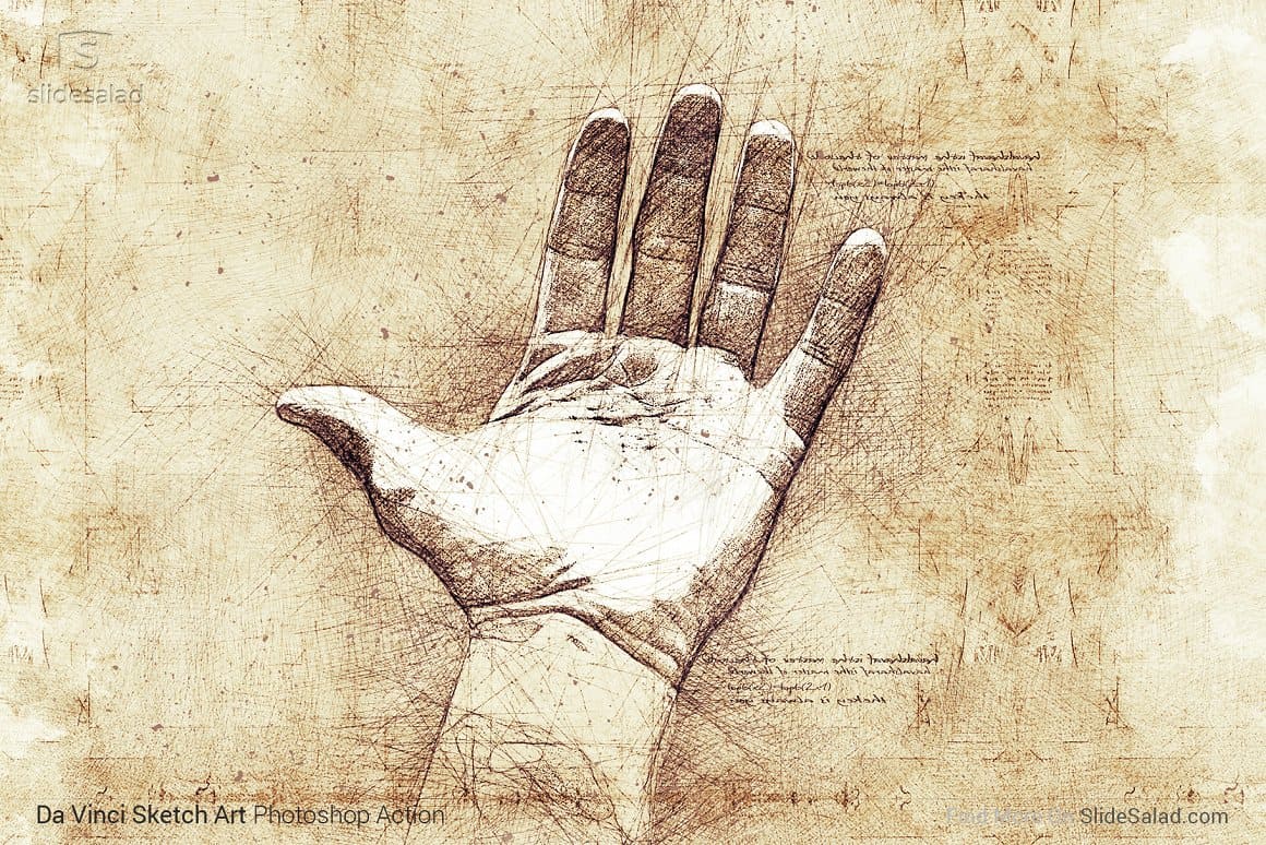 Image of a hand using Da Vinci Sketch Art Photoshop Action.