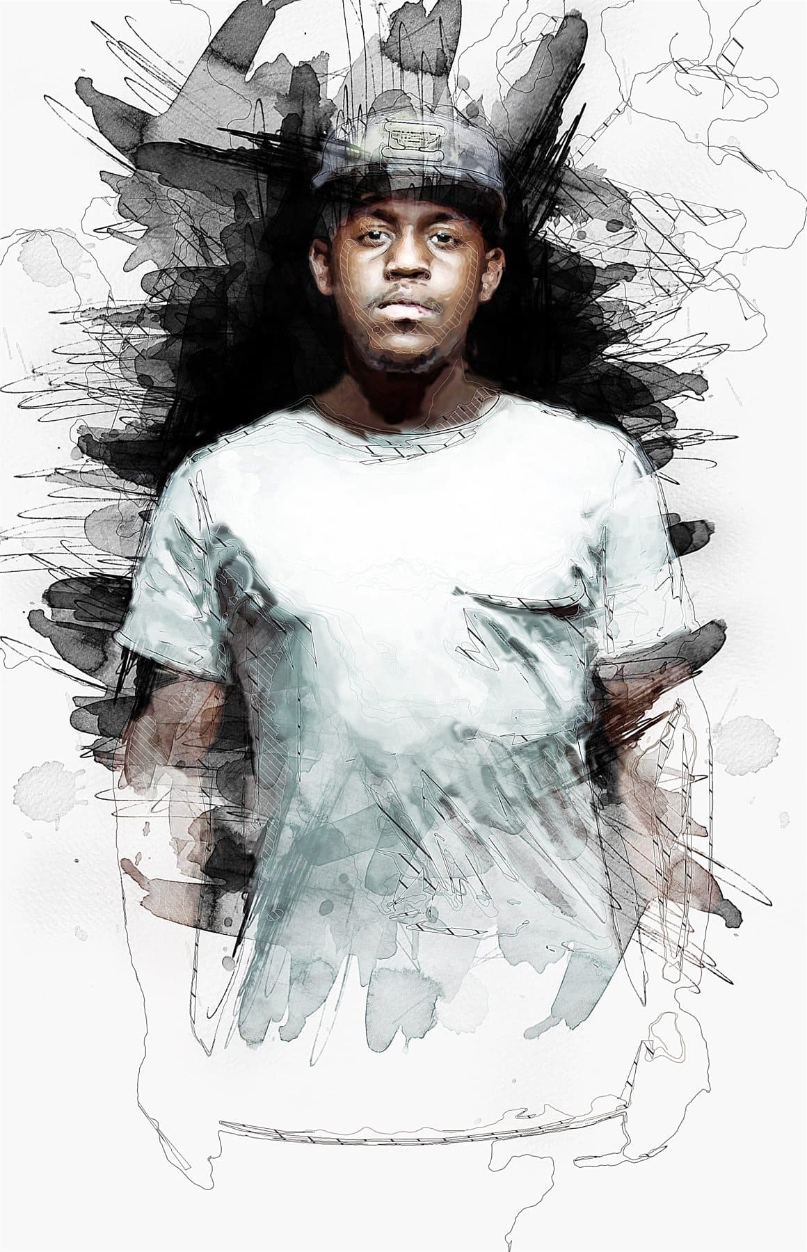 Watercolor illustration of a black man in a white t-shirt.