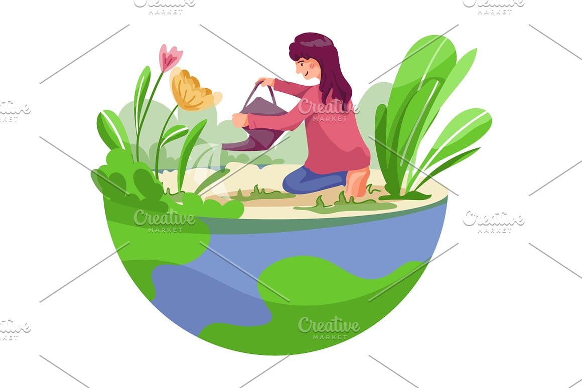 Girl watering flowers drawn on a white background.