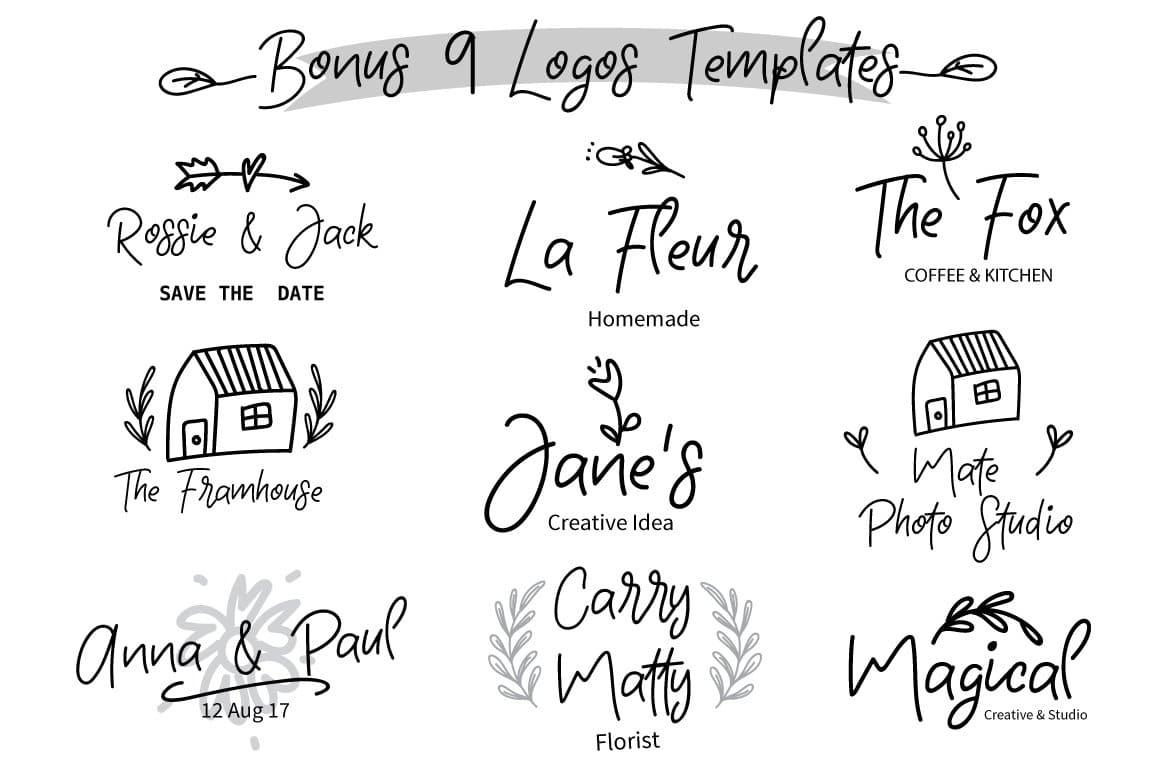 Bonus 9 logos templates: save the date, homemade, coffee and kitchen, creative idea and florist.