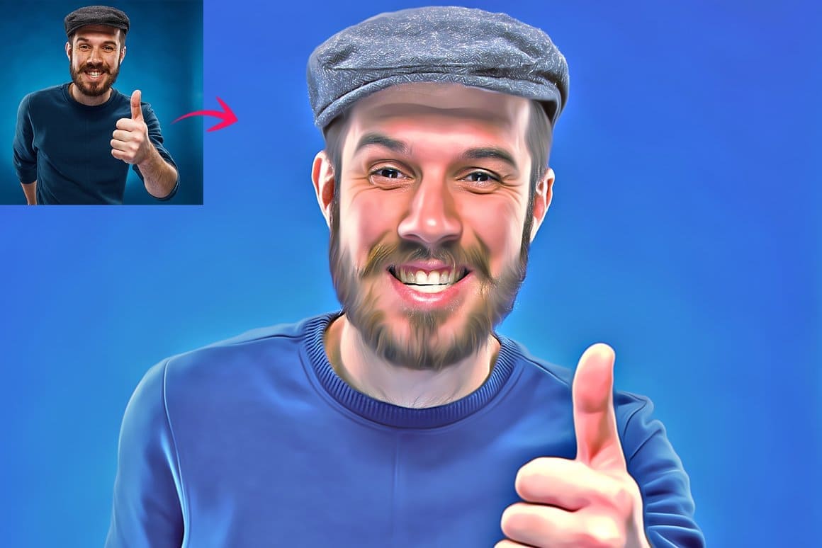 Photo of a man in a cap holding a thumb up with the effect of Digital painting Photoshop action.