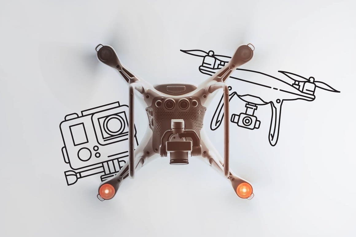 Image of a quadcopter with a camera on a white background.