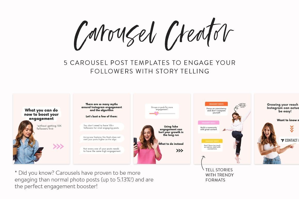 5 carousel post templates to engage your followers with story telling.