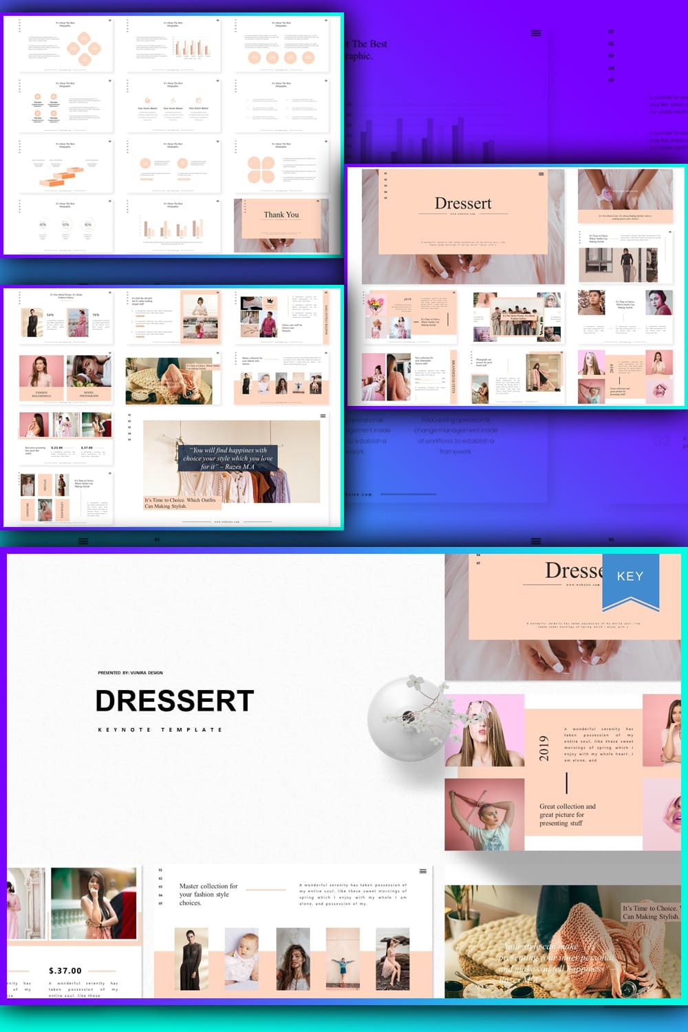 Inscription “Master collection for your fashion style choices” of Dressert Keynote Template.