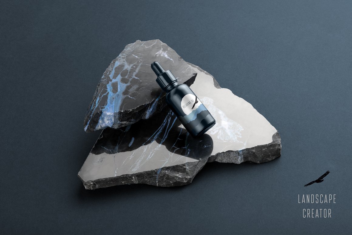 Black serum with label of landscape on the stones on a dark blue background.