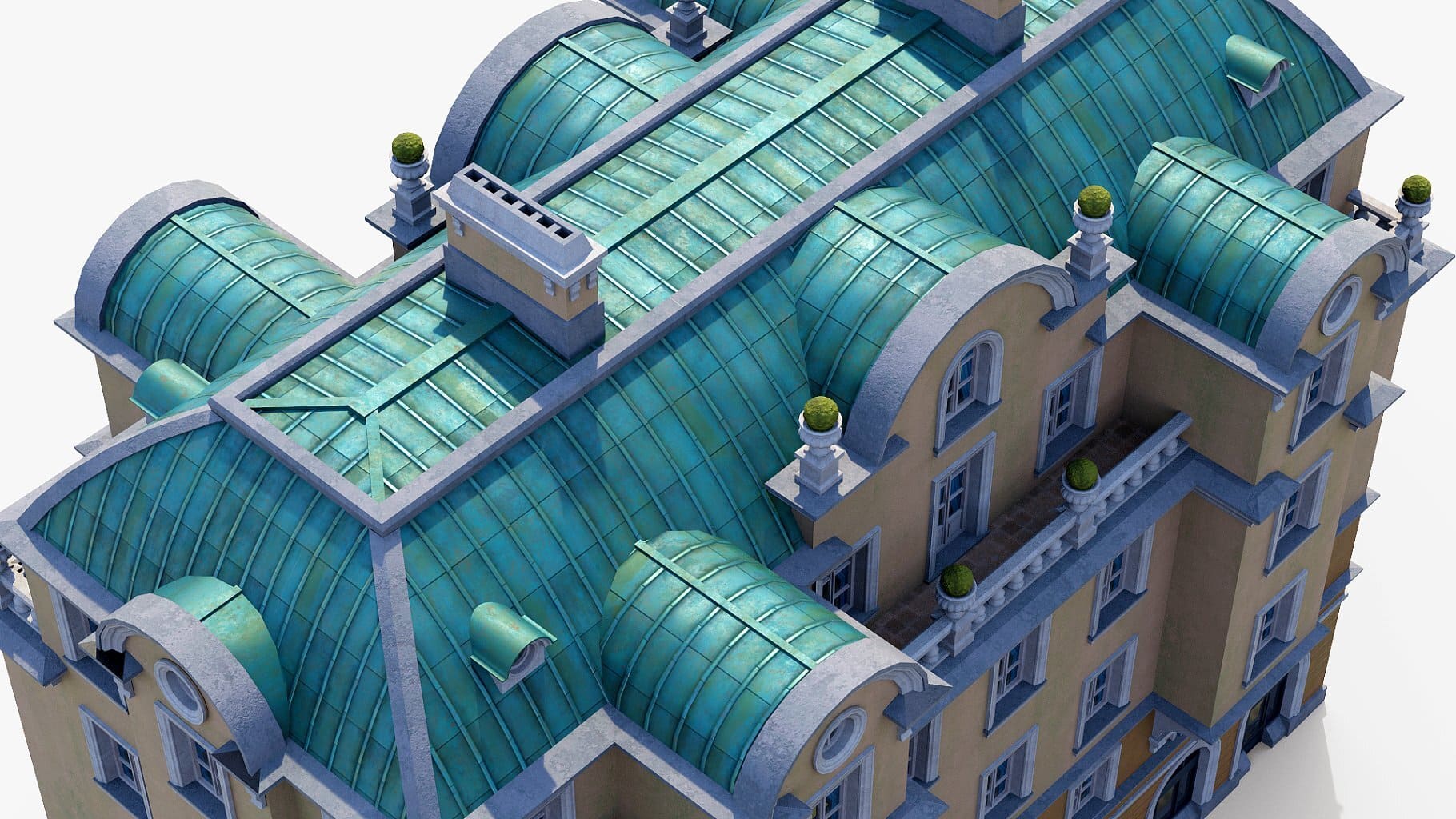 Top view of the green roof of the neoclassical hotel.