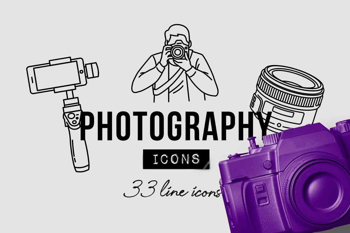 An image of a purple camera and icons from the theme "Photography".