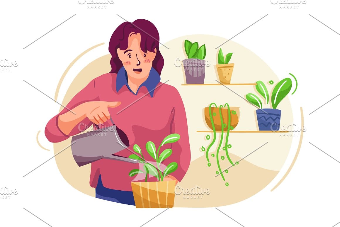 A picture of a woman watering plants in pots.