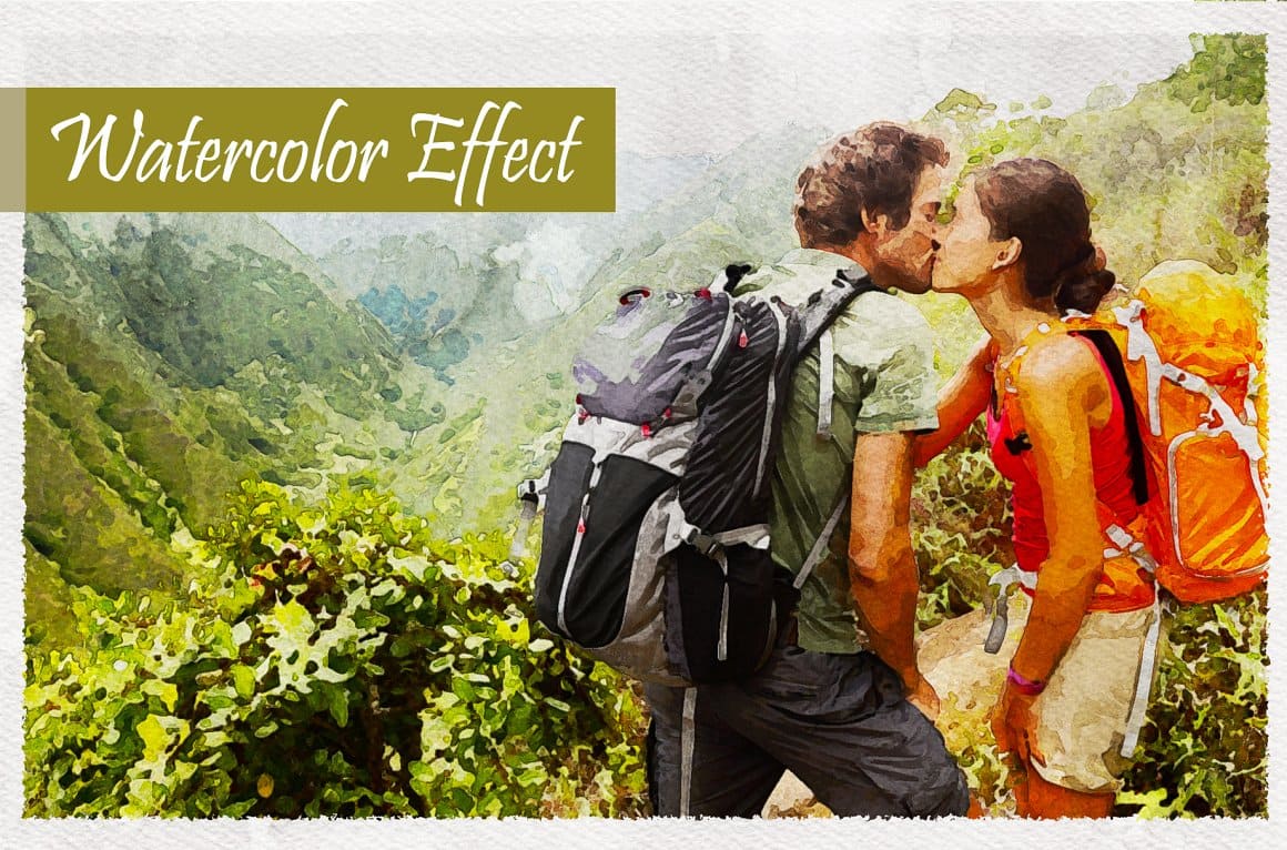 A young couple with backpacks on their shoulders kissing in the mountains painted with a watercolor effect in Photoshop.