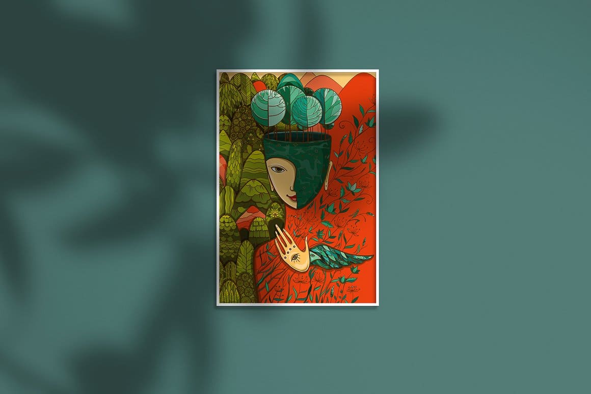 A card with the image of mother nature in green and orange colors.