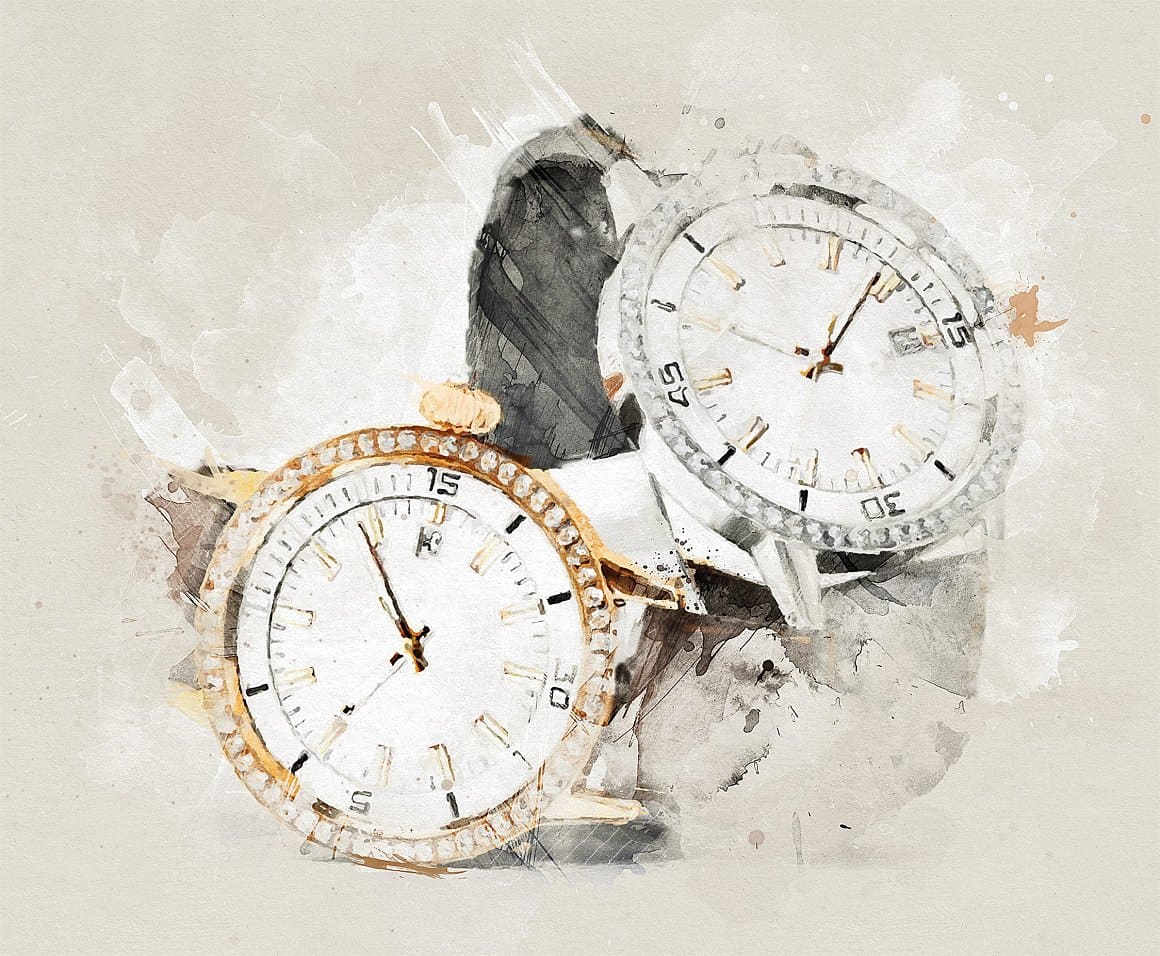 Watercolor image of a gold and silver watch.
