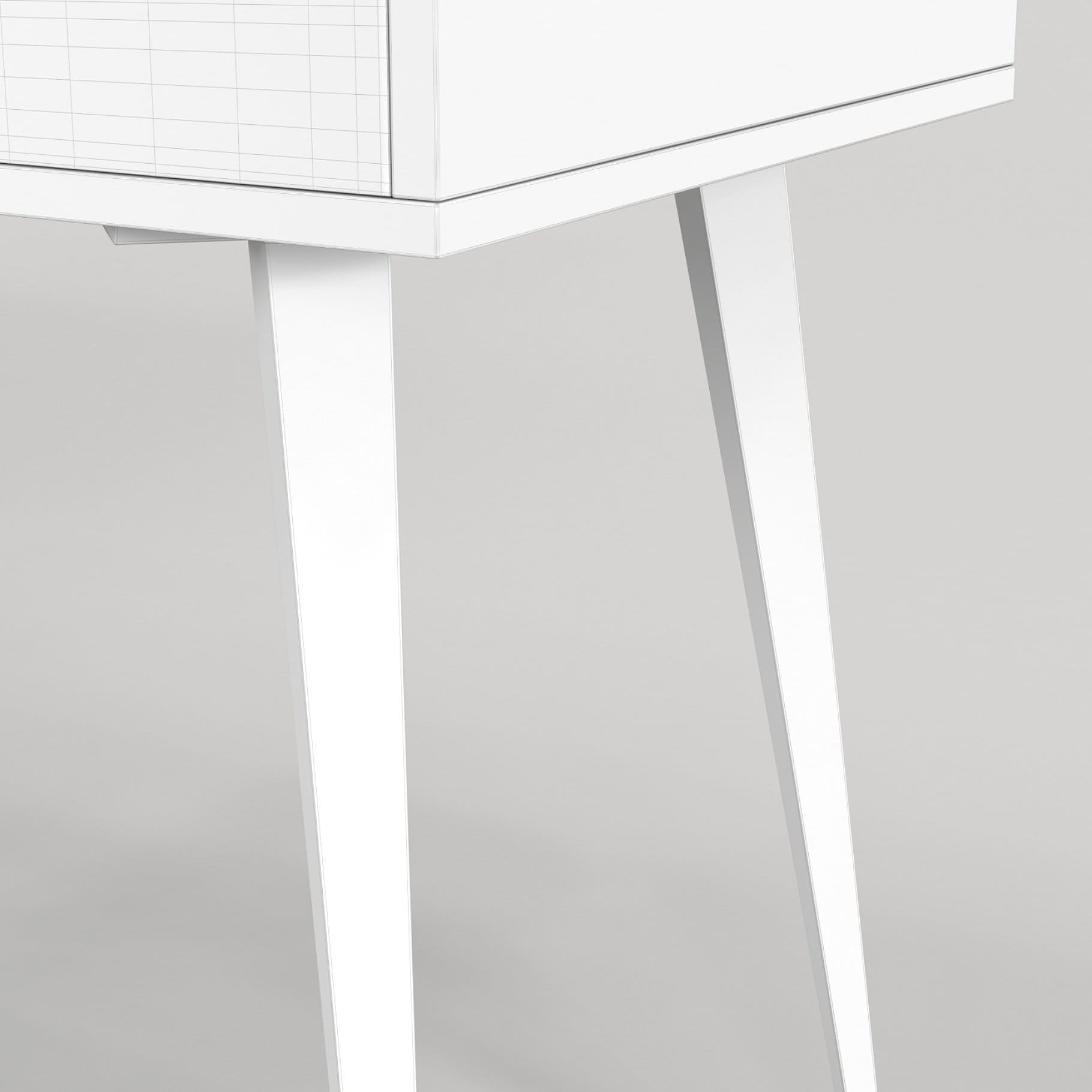 Photo of the lower corner of the white wooden Scandinavian desk with shelves model 04.