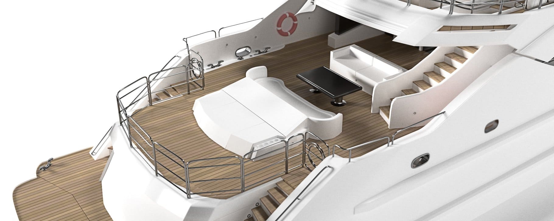 The middle deck with the lounge area of the white Sunseeker predator 130 Superyacht.