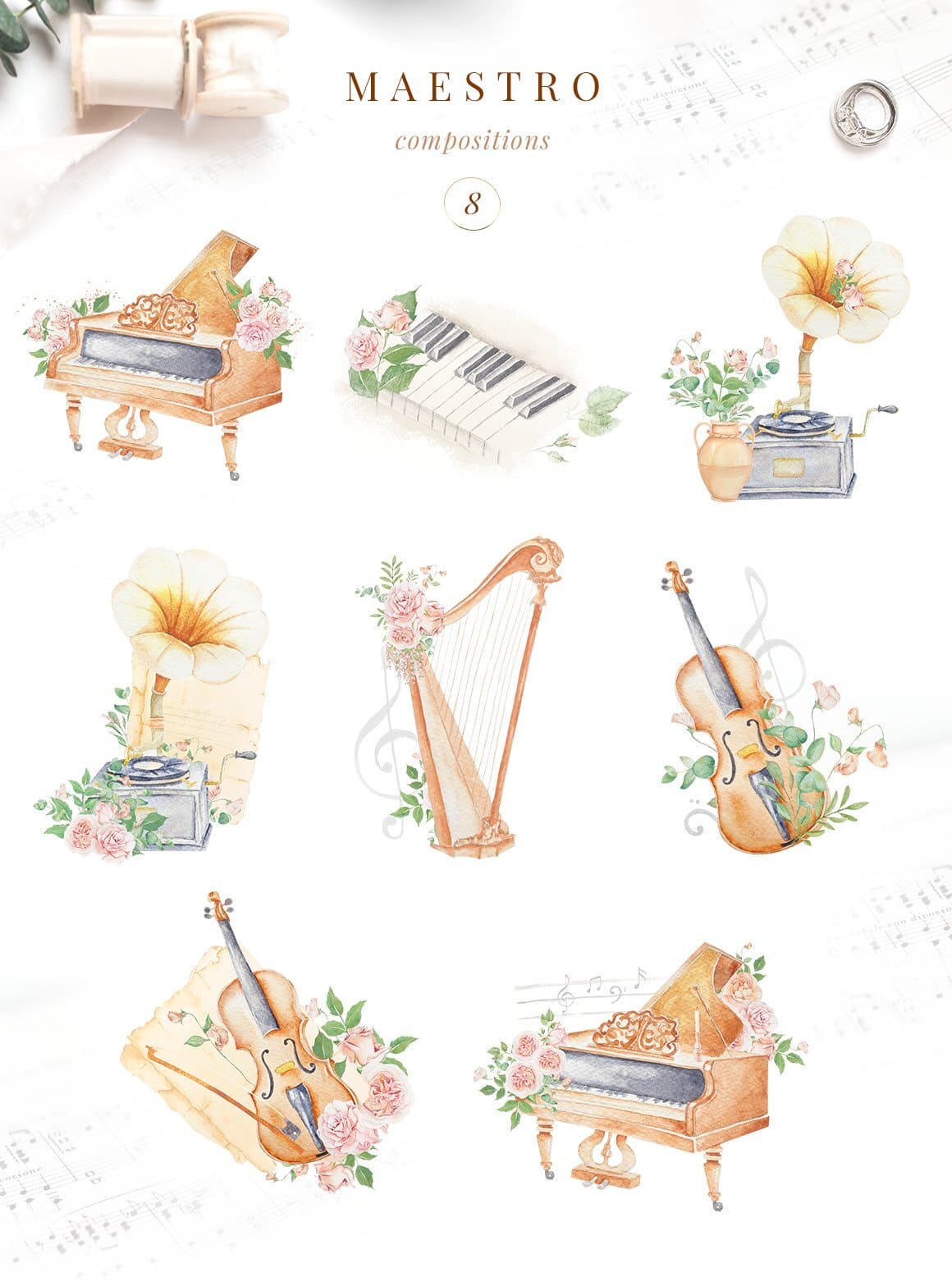 8 compositions with different musical instruments and flowers.