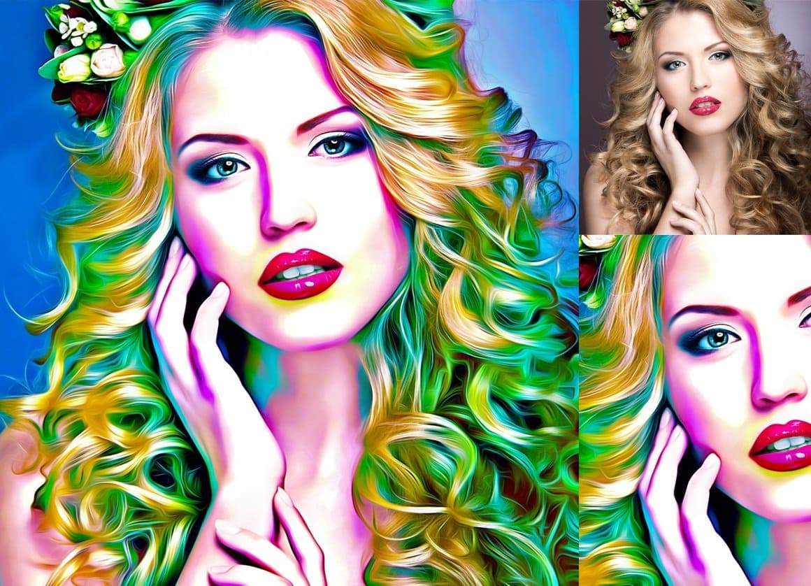 Digital painting Photoshop action effect on the photo of a girl with crimson lipstick and blond curly hair.