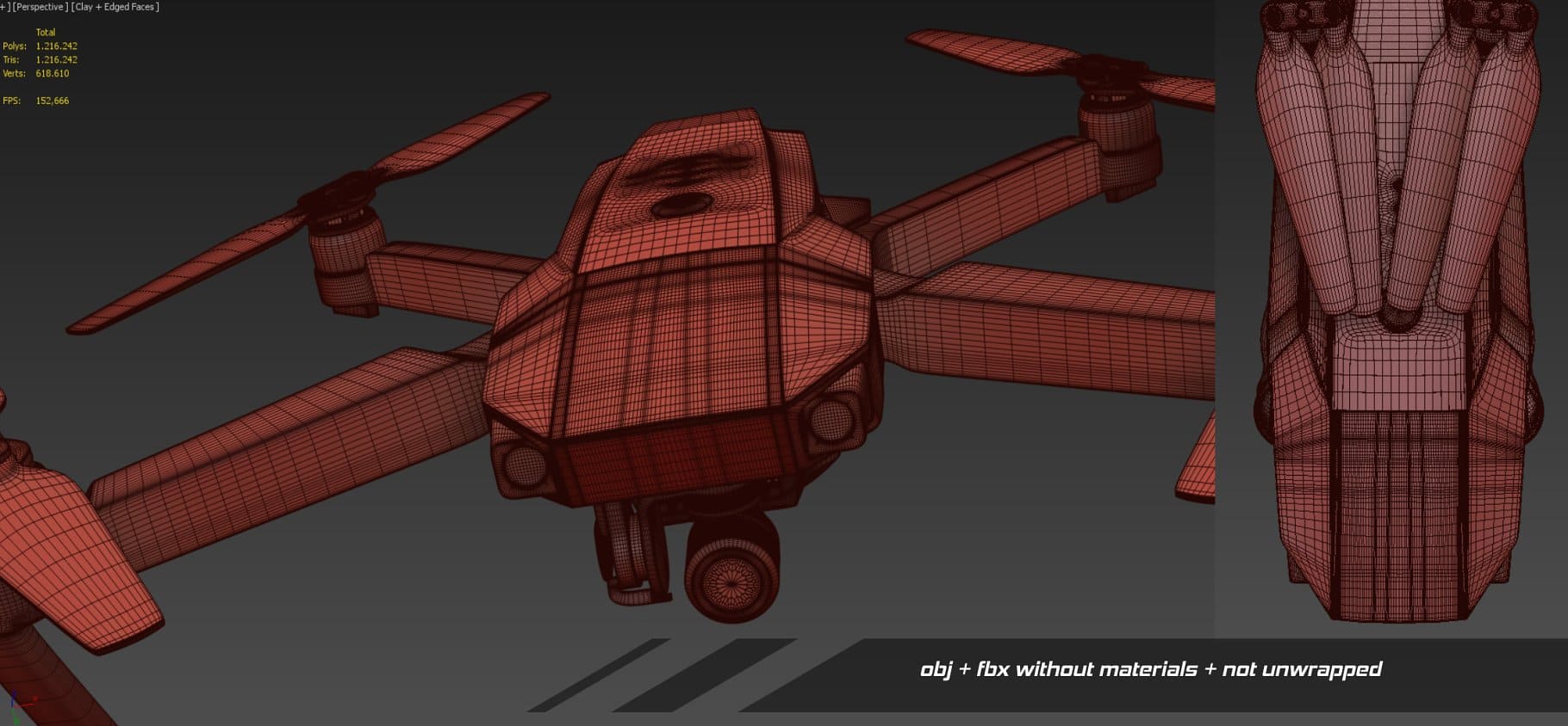 Red 3d model of a folded and flying Dji mavic pro quadcopter.
