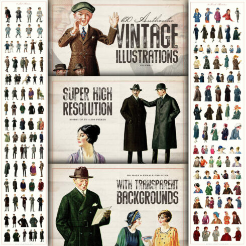 Large and small vintage illustrations.
