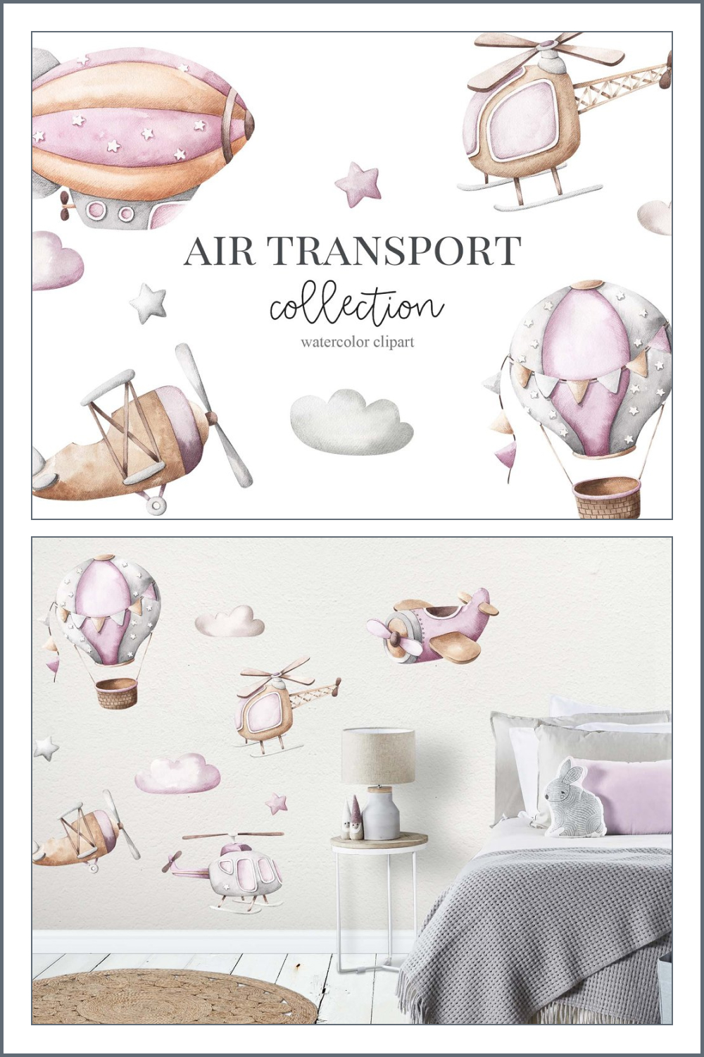 Pinterest illustrations of air transport watercolor set.