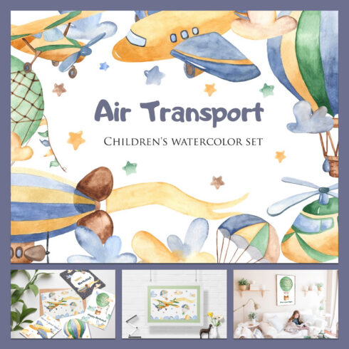 Preview images air transport. childrens watercolor.