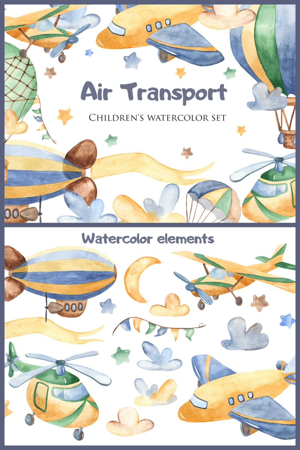 Pineterest illustrations of air transport. childrens watercolor.