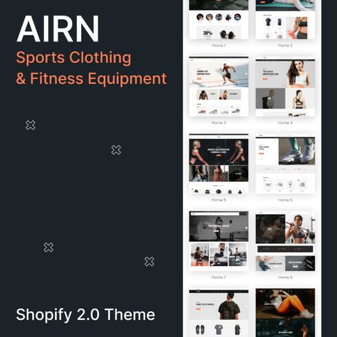 Slides of AIRN sports clothing and fitness equipment.