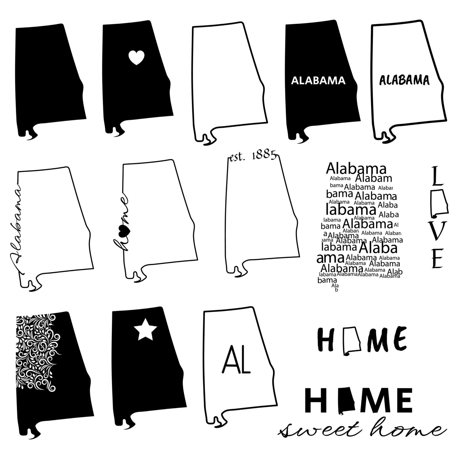 Alabama State SVG Bundle: Outline, Silhouette, Alabama Map State ...