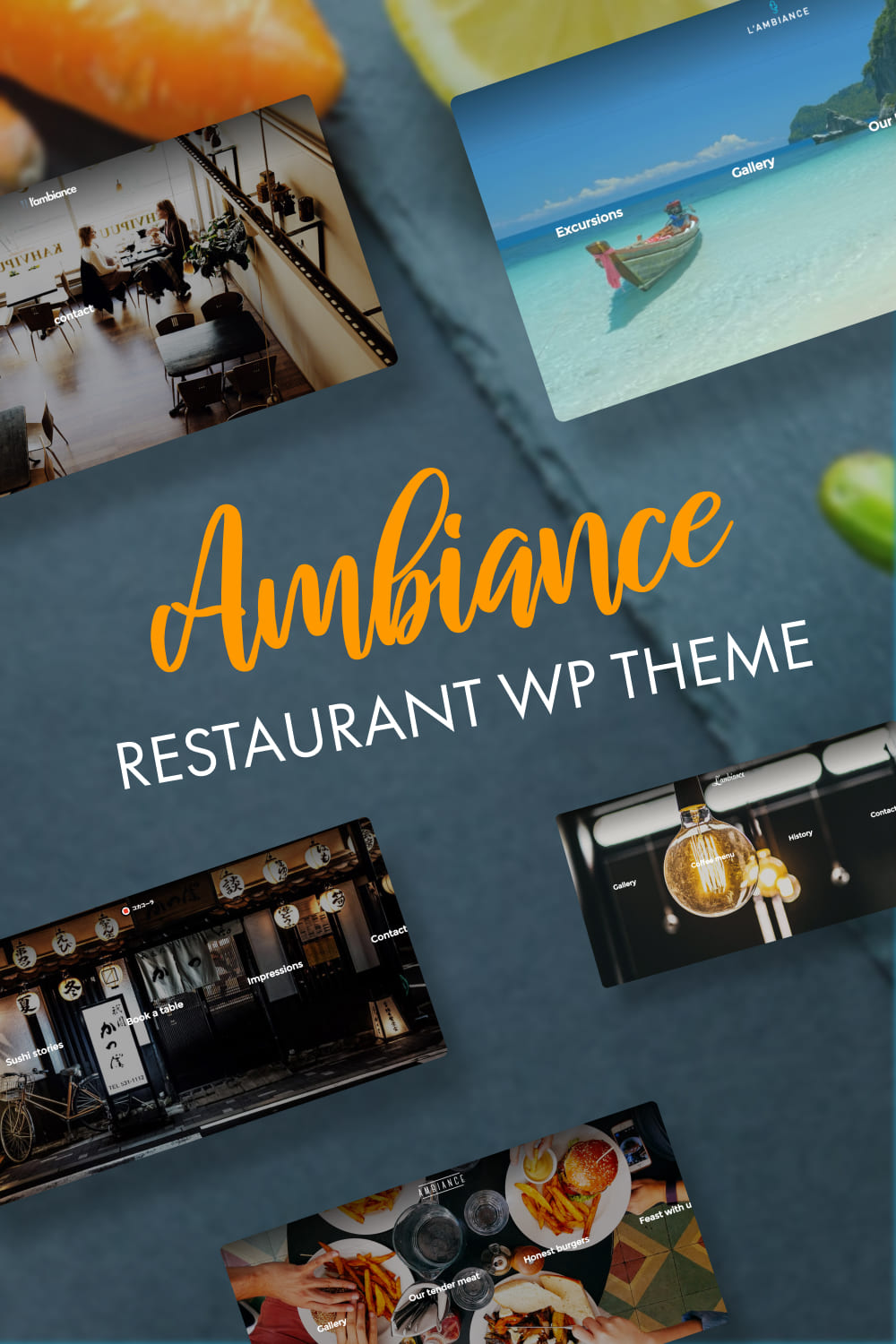 Slides of the Ambiance restaurant WP theme.