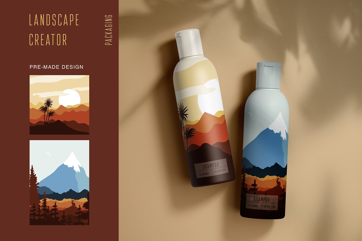 2 different pre-made designs of landscape and 2 bottles with the same illustrations.