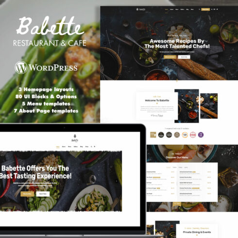 3 homepage layouts of the Babette - Restaurant & Cafe WordPress Theme.