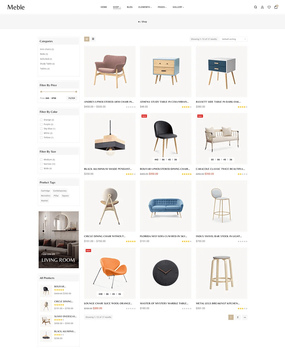 Products for sale with a chair on the template.